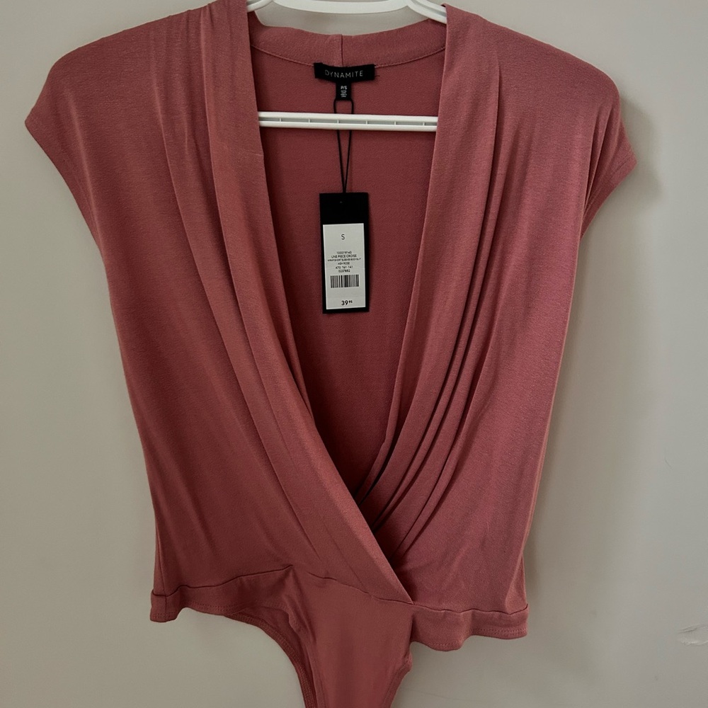 Dynamite Pink Wrap Bodysuit with Cap Sleeves